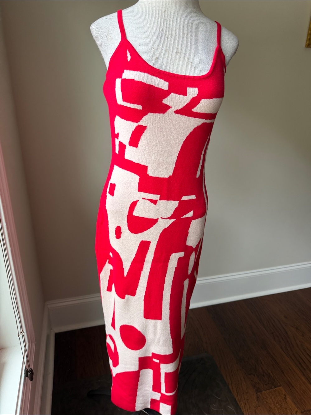 Red and Cream Graphic Knit Slip Dress